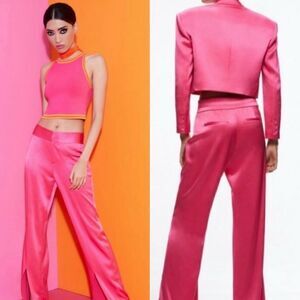 Alice + Olivia Jodi Satin Slit Front Pants in Candy Pink NWT $395